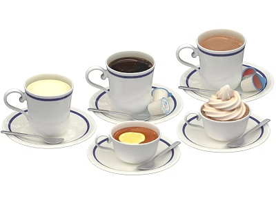 Various Hot Beverages in Cups with Saucers Whipped Cream and Butter Toppings 3d model