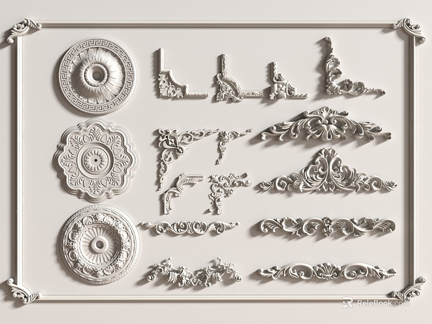 Ornate Carved Decorative Elements With Intricate Patterns And Various Designs 3d model 