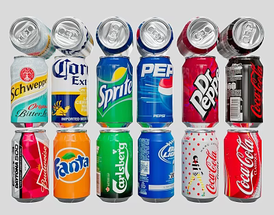 Assorted Colorful Canned Beverages Collection Featuring Various Popular Soda Brands 3d model