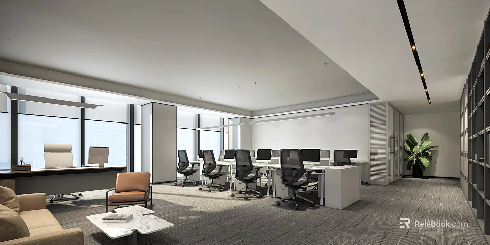 Modern Office Open Workspace With Multiple Computers Desks Chairs Large Windows Sofa And Coffee Table 3d model