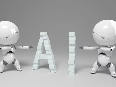 Two White Smart Robots Posing Next To Block Letters Spelling AI 3d model