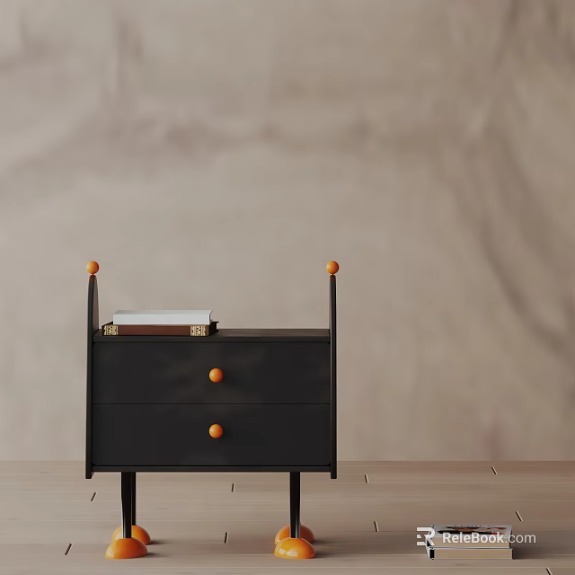 Black Bedside Table With Two Drawers Orange Round Knobs And Decorative Finials 3d model 
