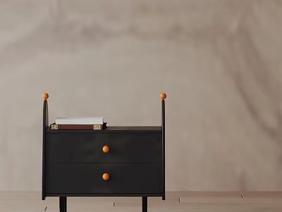 Black Bedside Table With Two Drawers Orange Round Knobs And Decorative Finials 3d model