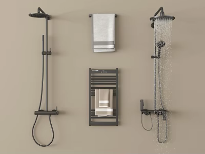 Modern Shower System with Rain Head Handheld Spray Towel Rack and Towels 3d model