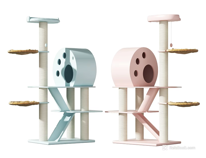 Light Blue And Pink Cat Trees With Platforms Scratching Posts Round Condo Pet Furniture 3d model 