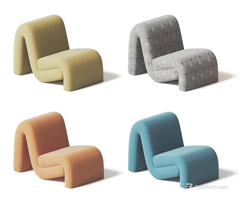Modern Curved Single Sofa in Yellow Gray Orange Blue Upholstered Fabric Design 3d model 