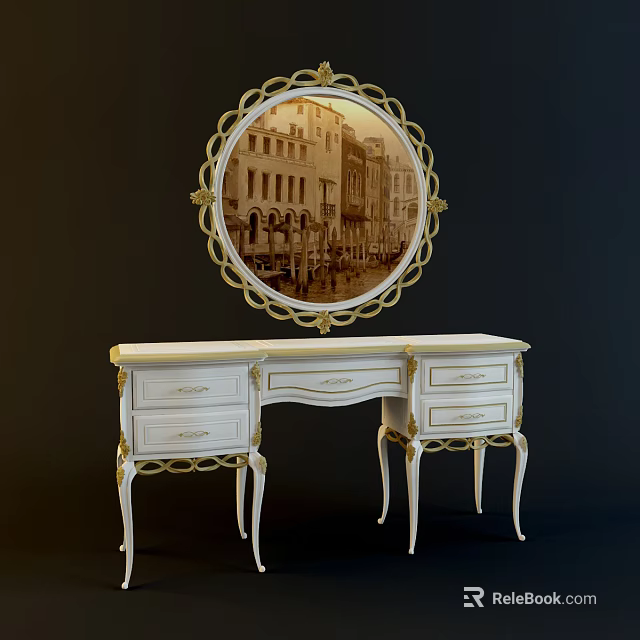 White Dressing Table With Gold Accents Round Mirror And Elegant Legs 3d model 