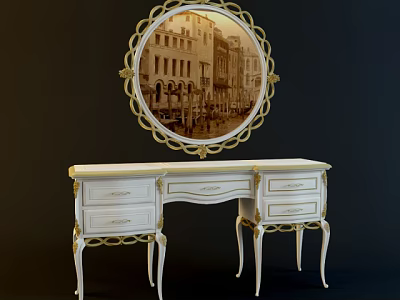 White Dressing Table With Gold Accents Round Mirror And Elegant Legs 3d model