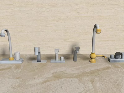Various Faucet Designs Displayed on Countertop with Light Colored Wall 3d model