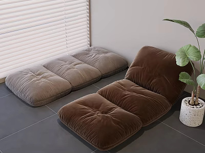 Cozy Velvet Floor Cushions Brown Gray With Green Plant For Living Room Decor 3d model