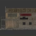 Old Western Style Wooden Building With Balcony Stairs And Vintage Signage