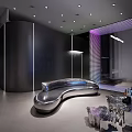 Modern Exhibition Hall With Curved Design Large Screen Seating And Ambient Lighting