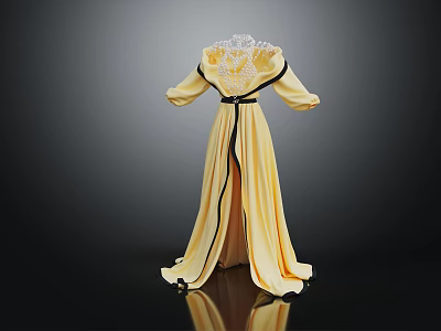 Elegant Yellow Long Gown With Black Trim And Beaded Neckline Design 3d model