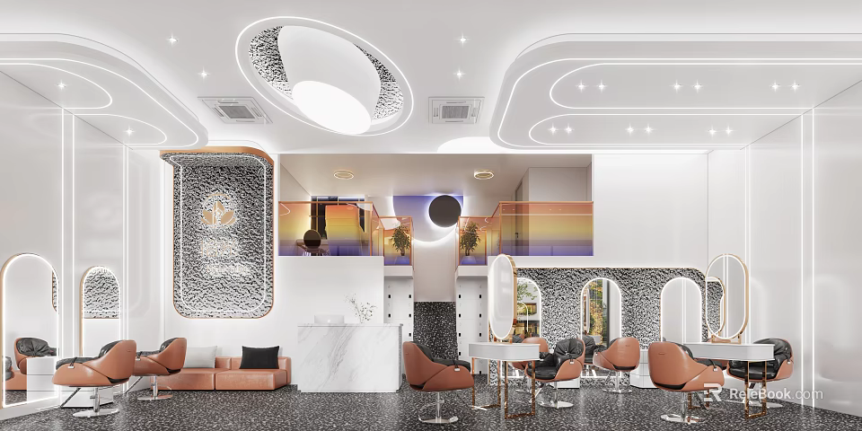 Modern Beauty Salon Interior Design With Marble Reception Desk Orange Chairs And Decorative Mirrors 3d model 