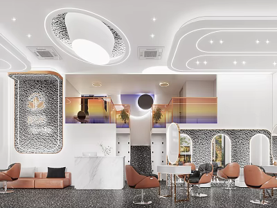 Modern Beauty Salon Interior Design With Marble Reception Desk Orange Chairs And Decorative Mirrors 3d model