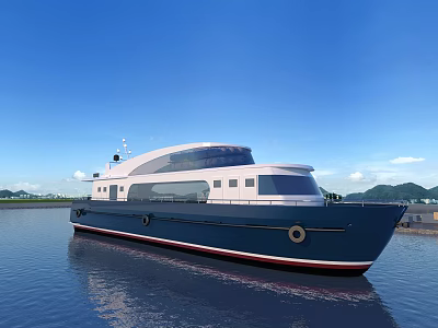 Luxury Modern Yacht Floating On Calm Water With Blue Sky And Mountains 3d model