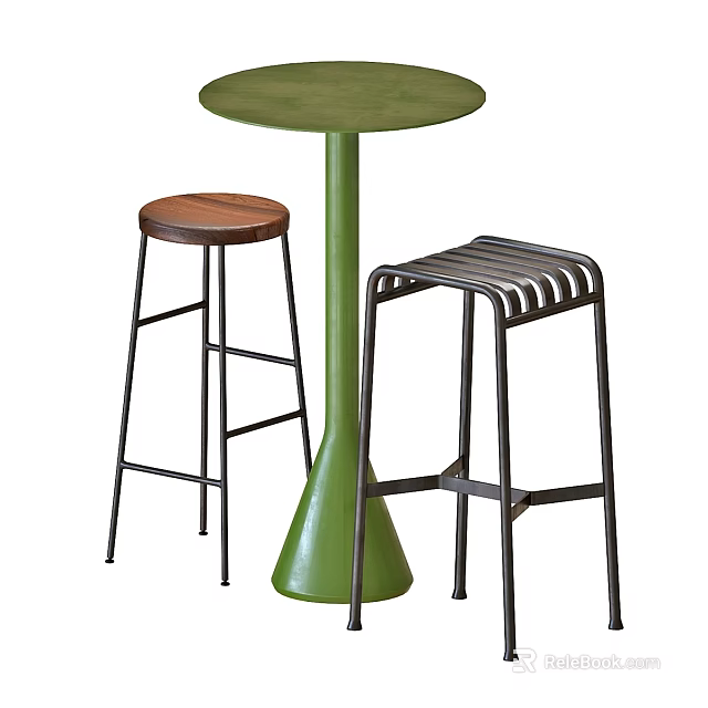 Green Round Bar Table Featuring Wooden and Metal Slat Stools with Black Legs 3d model 