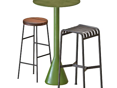 Green Round Bar Table Featuring Wooden and Metal Slat Stools with Black Legs 3d model