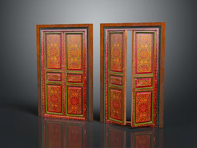 Traditional Wooden Doors With Red Green Decorations And Intricate Patterns One Closed One Half Open 3d model