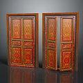 Traditional Wooden Doors With Red Green Decorations And Intricate Patterns One Closed One Half Open