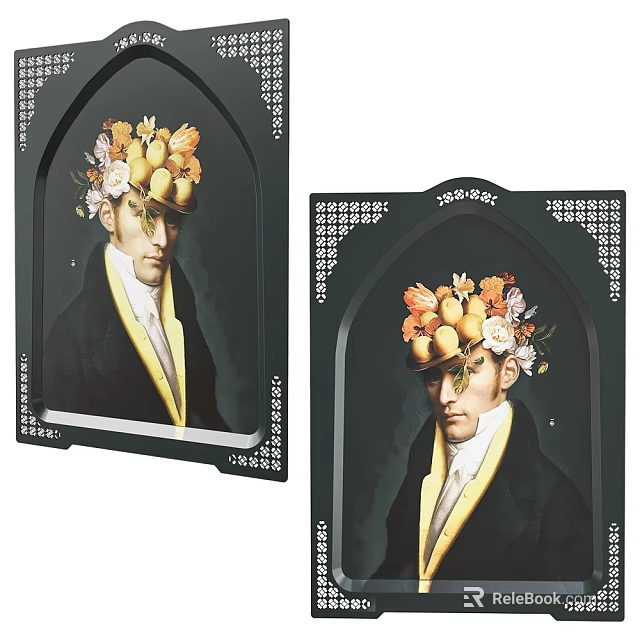 Portrait Painting of Man Wearing Fruit and Flower Headdress in Decorative Dark Background Frame 3d model 