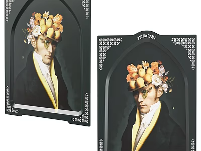 Portrait Painting of Man Wearing Fruit and Flower Headdress in Decorative Dark Background Frame 3d model