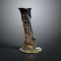 Small Plants And Moss Growing On Tree Stump Base With Natural Texture And Greenery