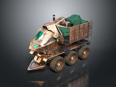 Futuristic Copper Off Road Car With Green Tarp Metal Structure Front Plow And Multiple Wheels 3d model