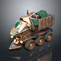 Futuristic Copper Off Road Car With Green Tarp Metal Structure Front Plow And Multiple Wheels