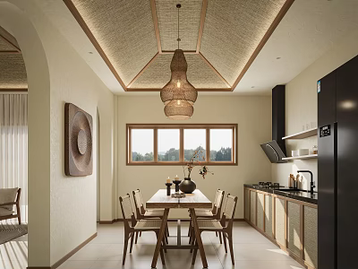Cozy Modern Kitchen Interior With Woven Pendant Light Dining Table Chairs Natural Light And Cabinets 3d model