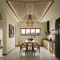 Cozy Modern Kitchen Interior With Woven Pendant Light Dining Table Chairs Natural Light And Cabinets