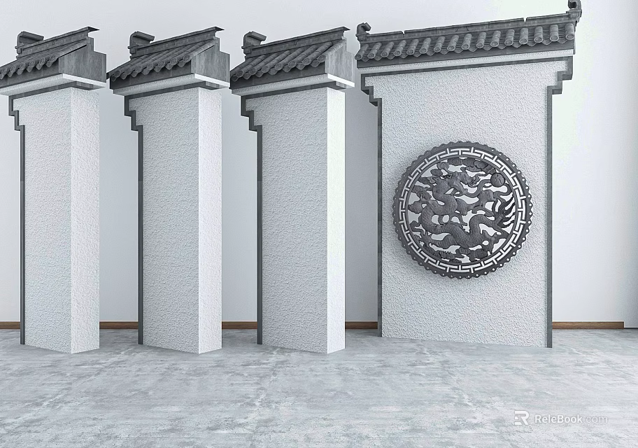 Traditional Chinese Garden Wall with White Textured Decorative Columns and Dragon Relief Ornate Tile Roof 3d model 