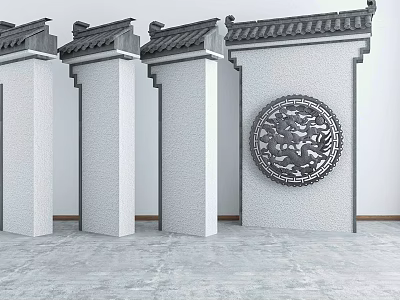 Traditional Chinese Garden Wall with White Textured Decorative Columns and Dragon Relief Ornate Tile Roof 3d model