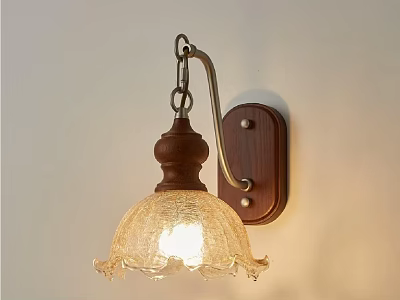 Rustic Wooden Wall Lamp With Cracked Glass Shade And Warm Illuminated Glow 3d model