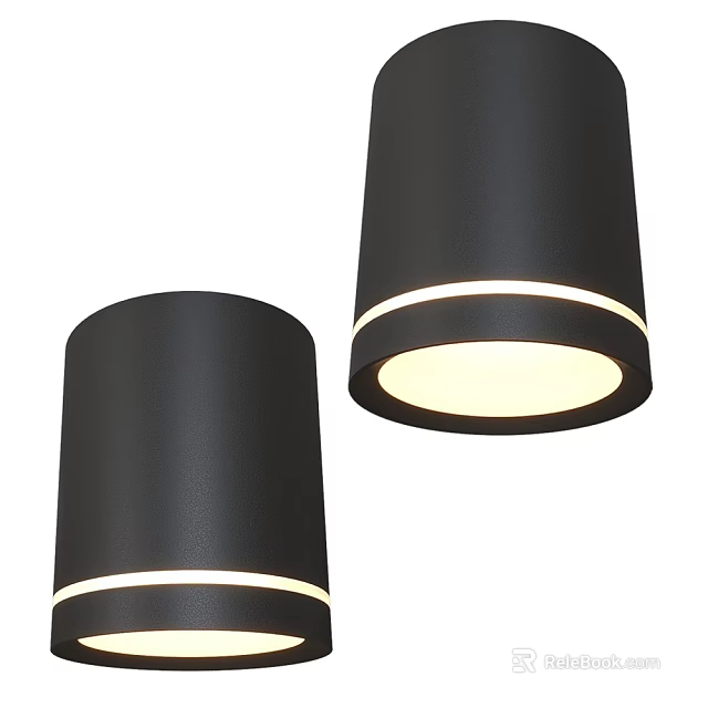 Black Cylindrical Downlights and Spotlights with White Light Strips and Soft Illumination 3d model 