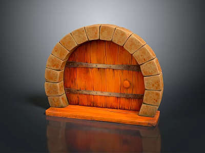 Arched Stone Brick Frame Wooden Gate With Horizontal Wooden Bars Round Knocker And Wooden Base 3d model