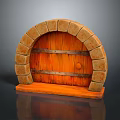Arched Stone Brick Frame Wooden Gate With Horizontal Wooden Bars Round Knocker And Wooden Base