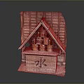 Traditional Wooden Water Pavilion With Tiled Roof And Wooden Buckets On Counter