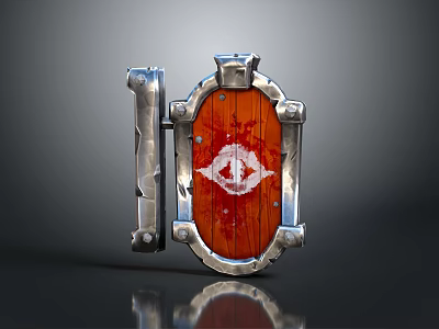 Vintage Red Wooden Decorative Shield With Silver Metal Frame And White Symbol 3d model
