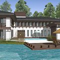 Modern Lakeside Villa Surrounded by Trees Featuring Water Reflection Terrace And Umbrella Seating 3d model