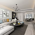 Modern Dining Room Interior With Wooden Flooring Dining Table Chairs Chandelier And Decorative Paintings