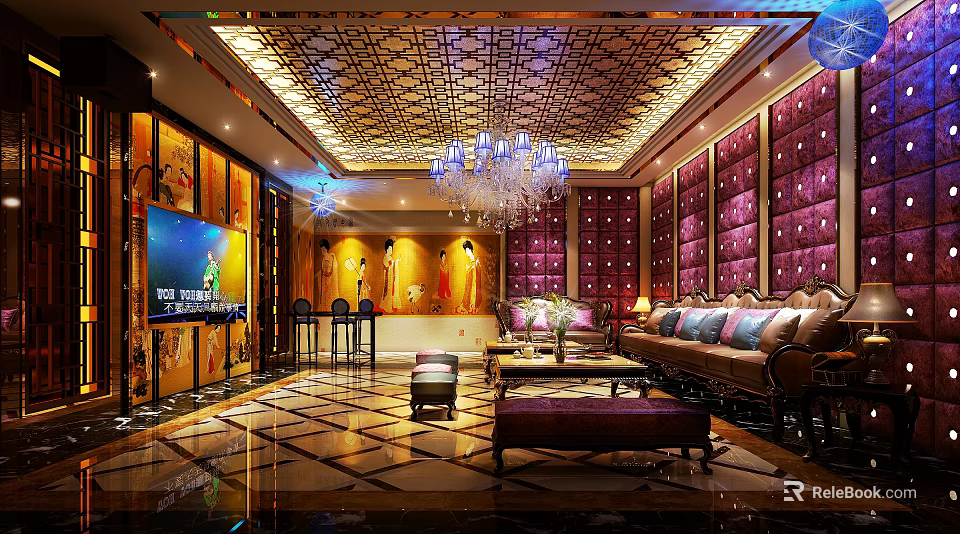 Luxury KTV Room Interior With Crystal Chandelier Sofa TV And Decorative Walls 3d model 