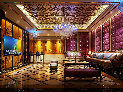 Luxury KTV Room Interior With Crystal Chandelier Sofa TV And Decorative Walls 3d model
