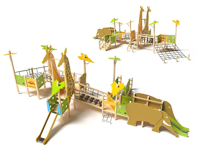 Wooden Animal Shaped Playground Equipment with Giraffe Elephant Designs Slide and Climbing Net 3d model