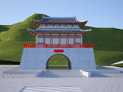 Traditional Chinese Ancient Architecture With Classic Roof Red Railings Stone Archway And Mountain Background 3d model