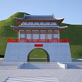 Traditional Chinese Ancient Architecture With Classic Roof Red Railings Stone Archway And Mountain Background