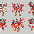 Red Robot Shaped Ornaments with Decorative Flags Scrolls and Traditional Festive Designs 3d model