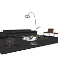 Modern Black Leather Sofa and Geometric Coffee Table Set with Floor Lamp and Brown Chairs