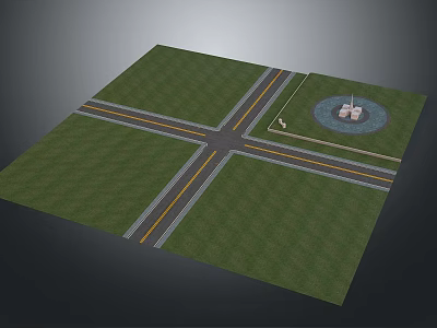 Crossroad Intersection Green Grass Circular Area With Monument And Small Figure 3d model