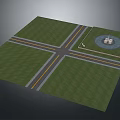 Crossroad Intersection Green Grass Circular Area With Monument And Small Figure